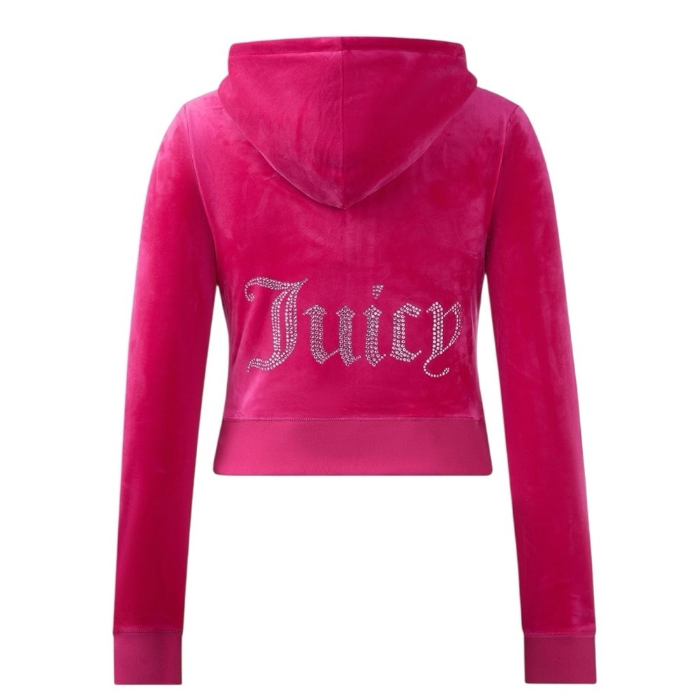 Juicy Couture Cropped Pink Y2K OG Big Bling Velour Hoddie Jacket Size Large